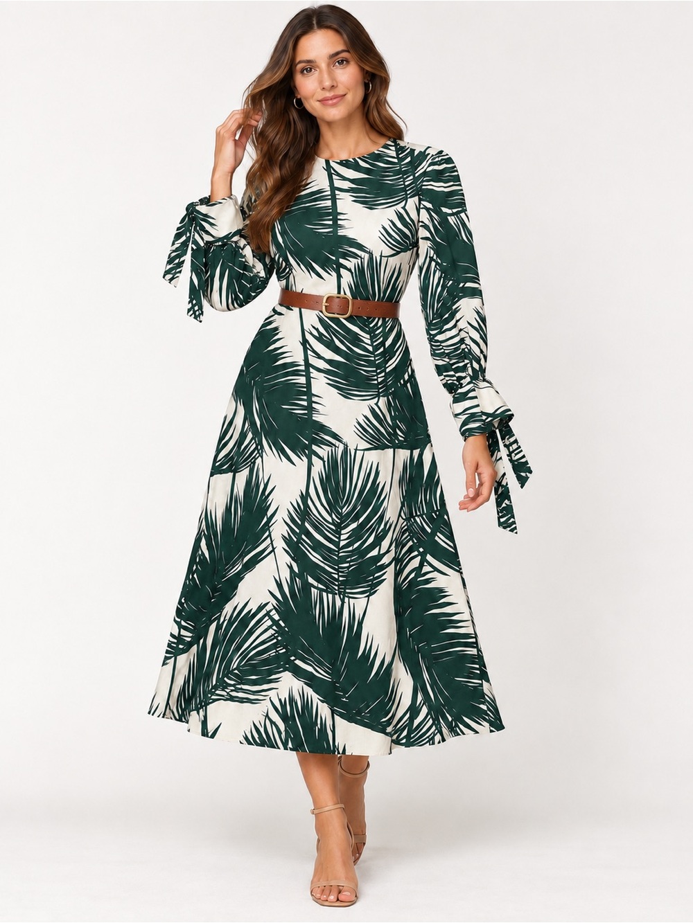ZARA Woman Green & Cream Palm Print 100% Cotton Midi Dress – Size Small